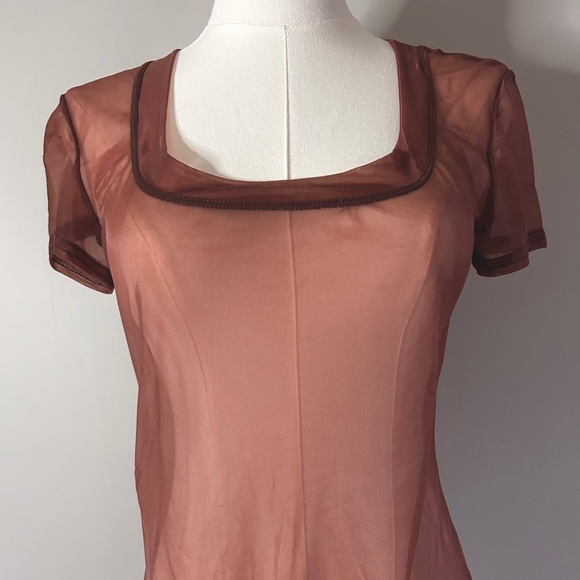 Y2K ABS Brown Sheer Mesh Square Neck Maxi Dress Whimsigoth Fairy Grunge Size SP - Picture 4 of 13